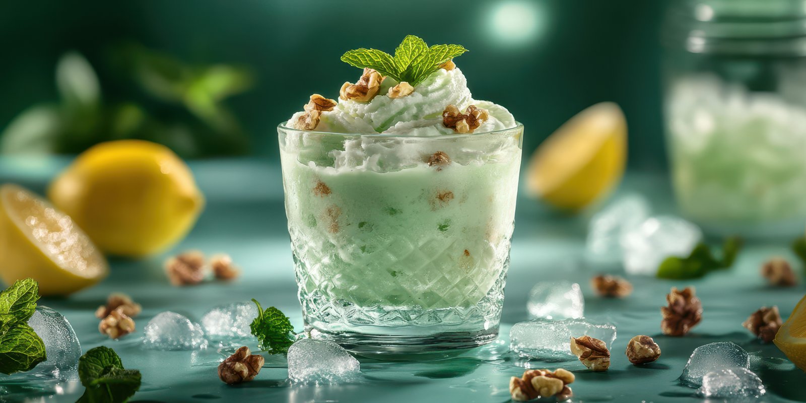Refreshing mint dessert served in a glass with lemon and walnuts on a cool green background